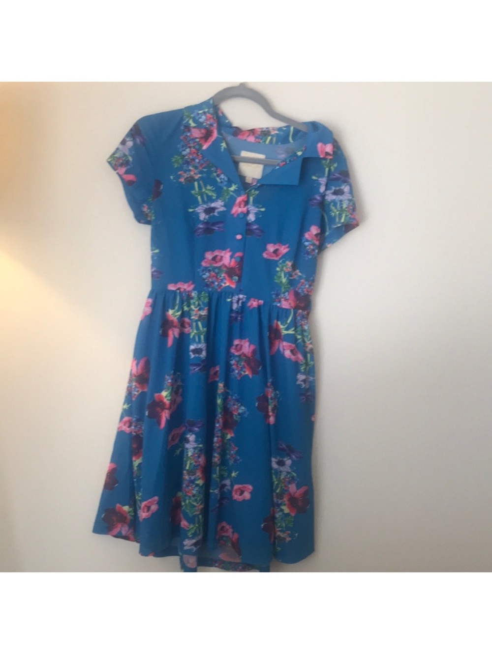 Modcloth Blue Floral Button-Front Fit-and-Flare Dress with Pink Flowers